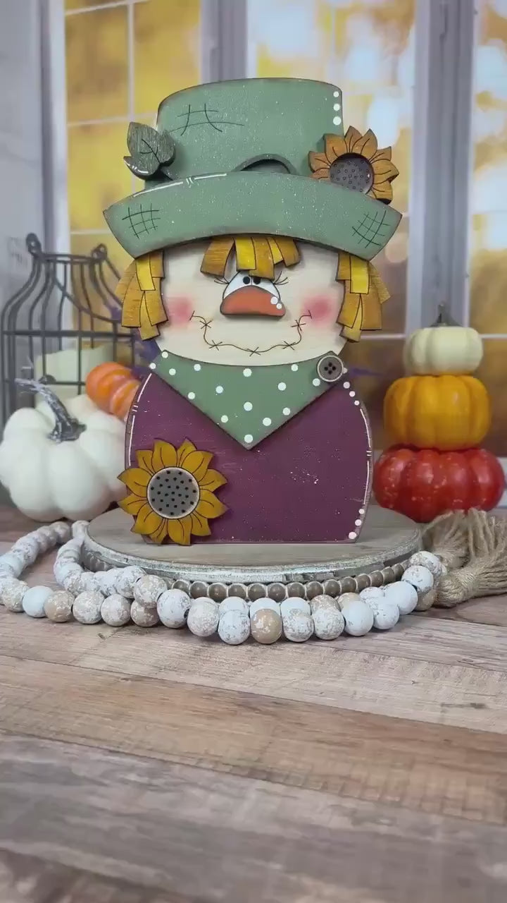 Charming Chunky Wooden Girl Scarecrow Shelf Sitter for Fall Farmhouse Vibes