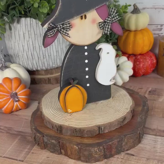Hand Painted Witch Shelf Sitter, Chunky Wooden Halloween Decor, Rustic Witch Figurine