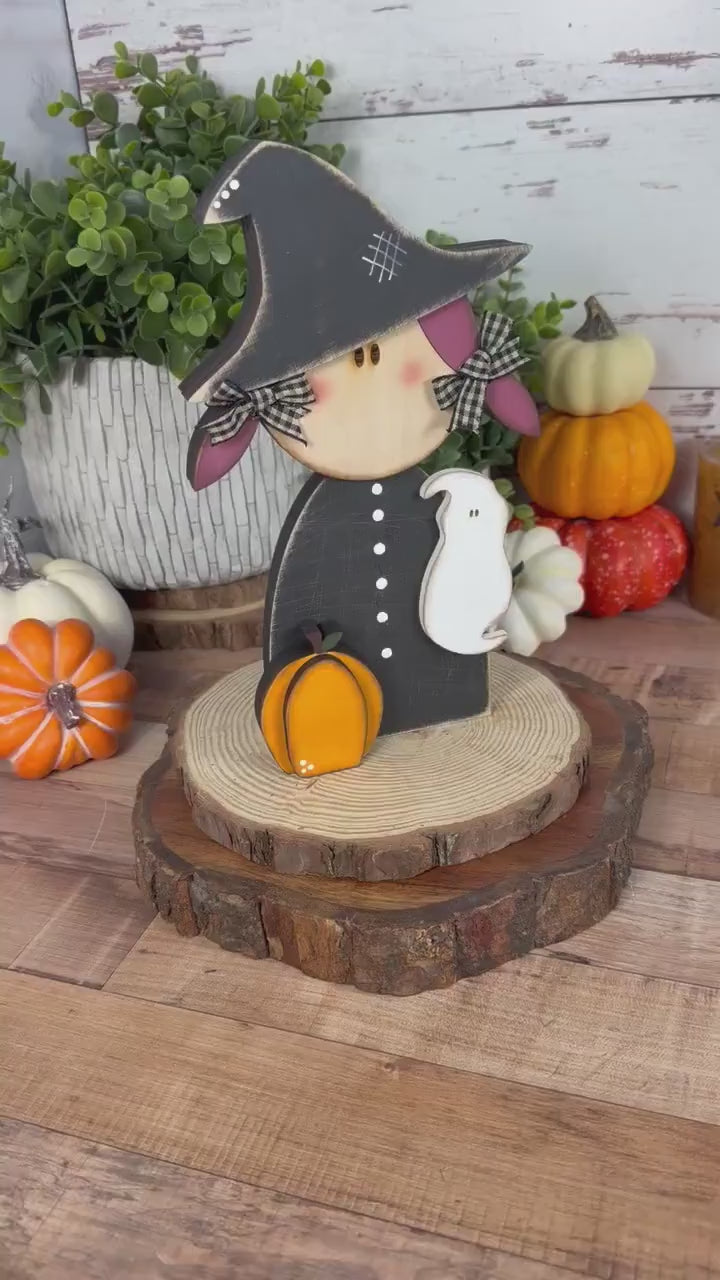 Hand Painted Witch Shelf Sitter, Chunky Wooden Halloween Decor, Rustic Witch Figurine