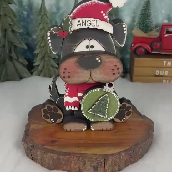 Christmas Dog Shelf Sitter | Hand-Painted Chunky Wooden Holiday Decor