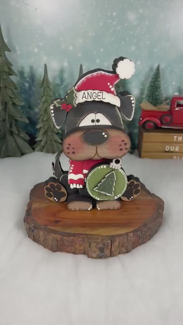 Christmas Dog Shelf Sitter | Hand-Painted Chunky Wooden Holiday Decor