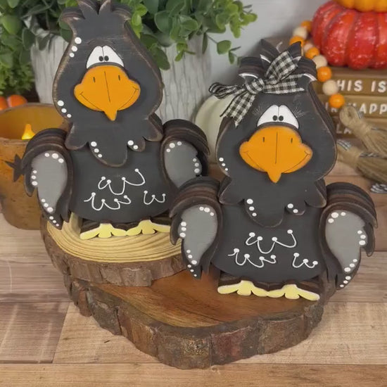 Hand Painted Raven Shelf Sitter, Whimsical Wooden Crow Bird Decor