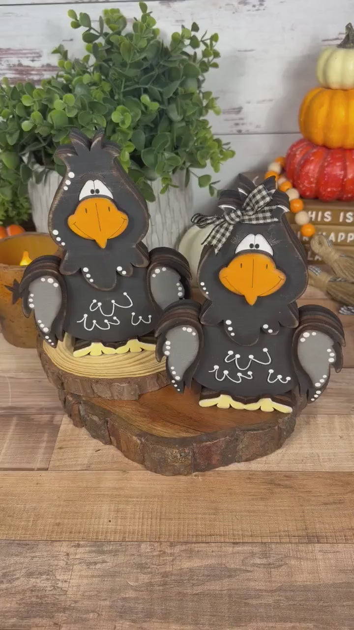 Hand Painted Raven Shelf Sitter, Whimsical Wooden Crow Bird Decor