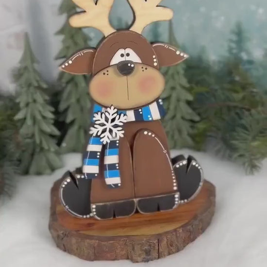 Wooden Reindeer Shelf Sitter, Hand Painted Winter Decor, Blue and White Scarf