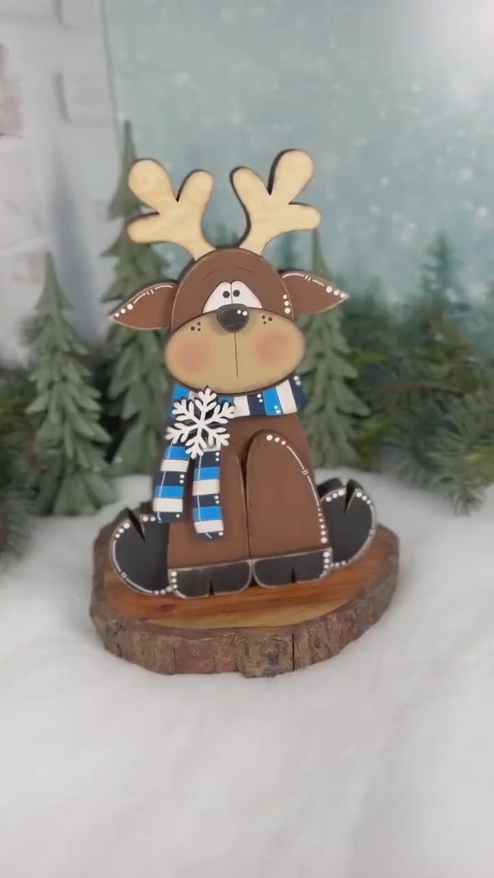 Wooden Reindeer Shelf Sitter, Hand Painted Winter Decor, Blue and White Scarf
