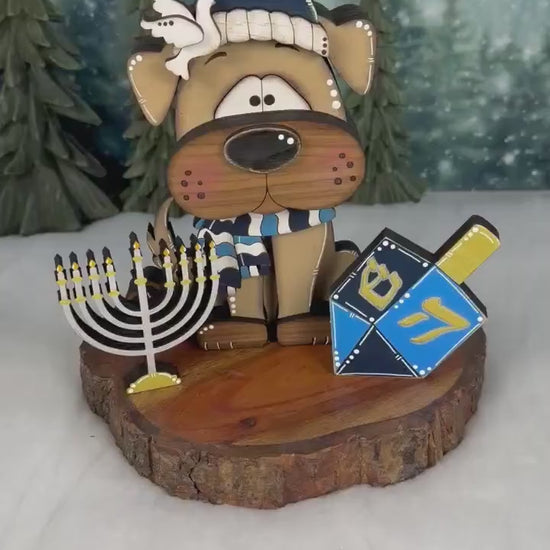 Hanukkah Dog Shelf Sitter, Wooden Dog Decor with Menorah or Dreidel, Handmade Jewish Holiday Decoration