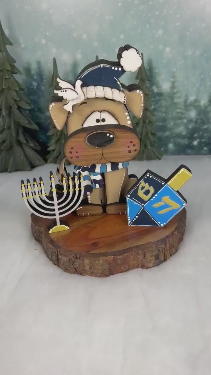 Hanukkah Dog Shelf Sitter, Wooden Dog Decor with Menorah or Dreidel, Handmade Jewish Holiday Decoration