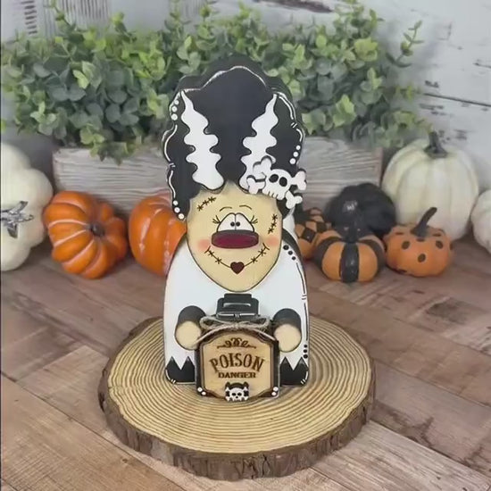 Not-So-Spooky Bride of Frankenstein Wooden Decor - Hand-Painted Halloween Tiered Tray