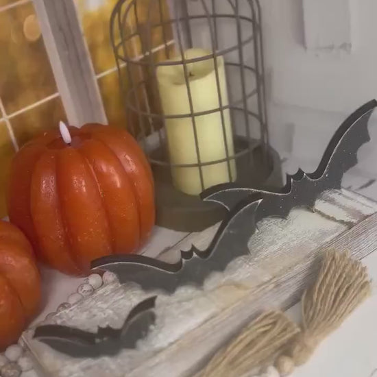 Tiered Tray Bats — Rustic Wood Halloween Shelf Décor, Farmhouse Halloween Accent