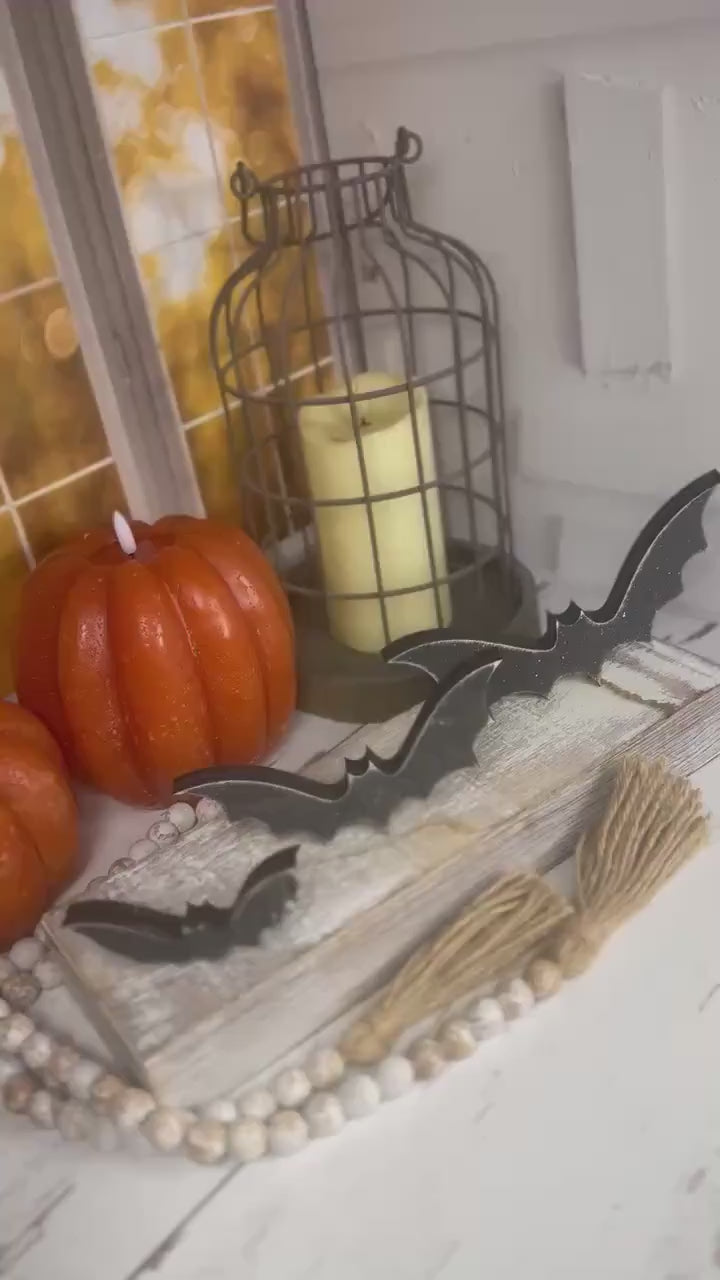 Tiered Tray Bats — Rustic Wood Halloween Shelf Décor, Farmhouse Halloween Accent