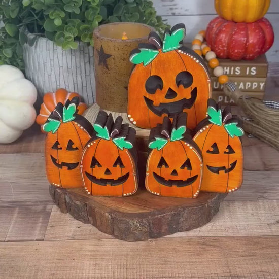 Jack-o’-Lantern Shelf Sitters, Wooden Halloween Pumpkin Decor