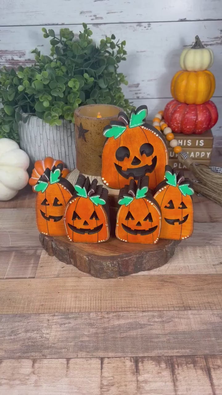 Jack-o’-Lantern Shelf Sitters, Wooden Halloween Pumpkin Decor