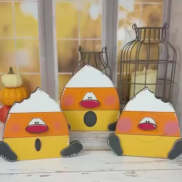 Chunky Wood Candy Corn Trio – Hand Painted Distressed Halloween Shelf Sitters with Fun Faces