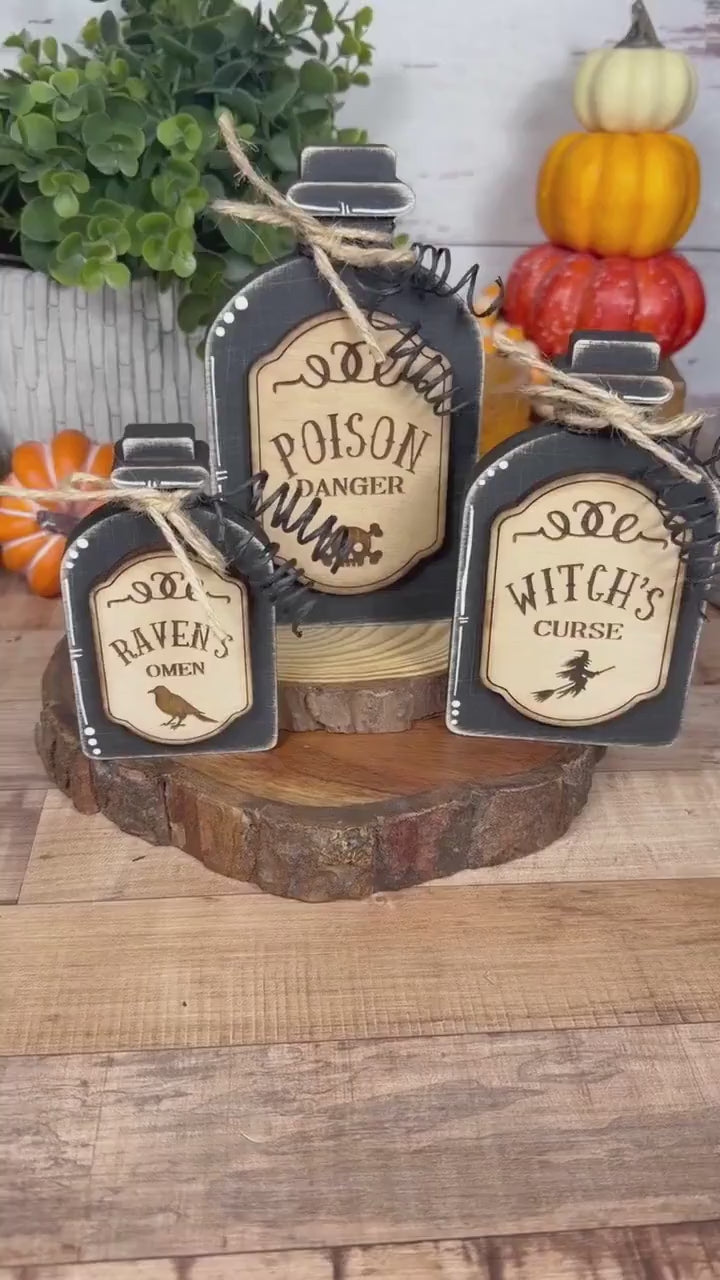 Poison Bottle Decor, Witch Curse Halloween Apothecary Set, Raven's Omen