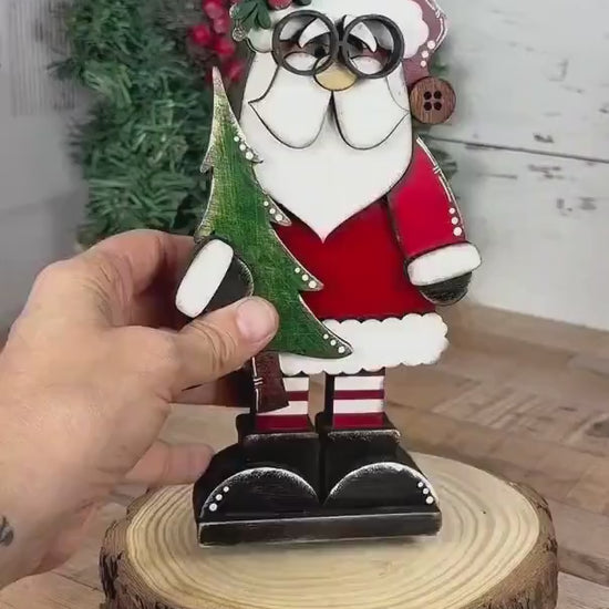 Hand Painted Chunky Santa Claus Shelf Sitter Holding a Christmas Tree