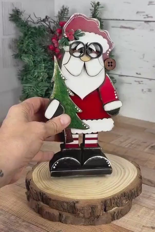 Hand Painted Chunky Santa Claus Shelf Sitter Holding a Christmas Tree