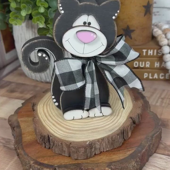Black & White Wooden Cat – Hand-Painted Shelf Sitter or Decor