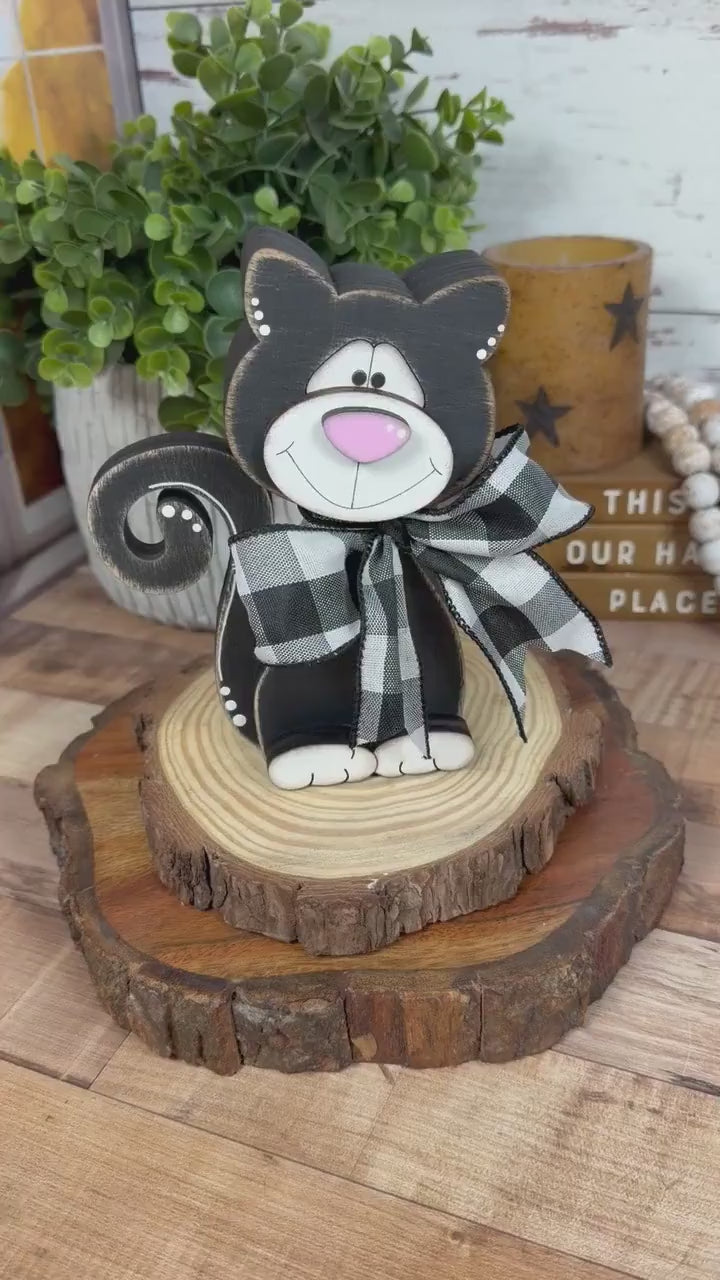 Black & White Wooden Cat – Hand-Painted Shelf Sitter or Decor
