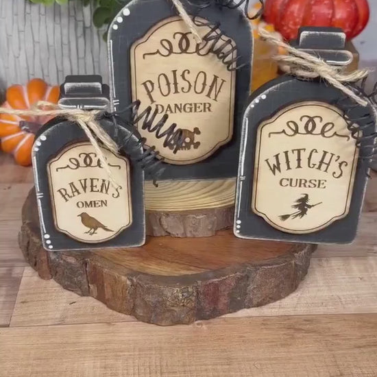 Poison Bottle Decor, Witch Curse Halloween Apothecary Set, Raven's Omen