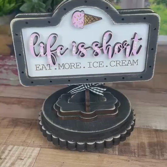 Charming Rustic Ice Cream Wood Mini Sign - Handcrafted Table and Tiered Tray Decor