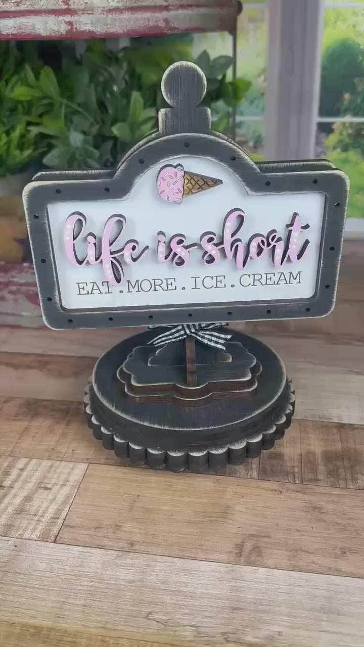 Charming Rustic Ice Cream Wood Mini Sign - Handcrafted Table and Tiered Tray Decor