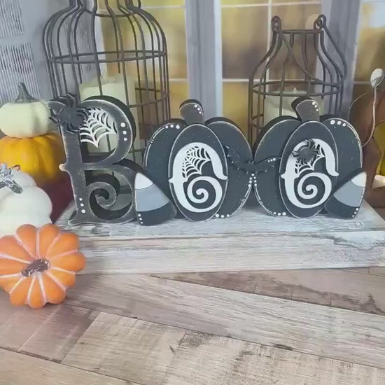 Halloween BOO Wooden Sign – Chunky Farmhouse Decor with Pumpkins and Gothic Candy Corn