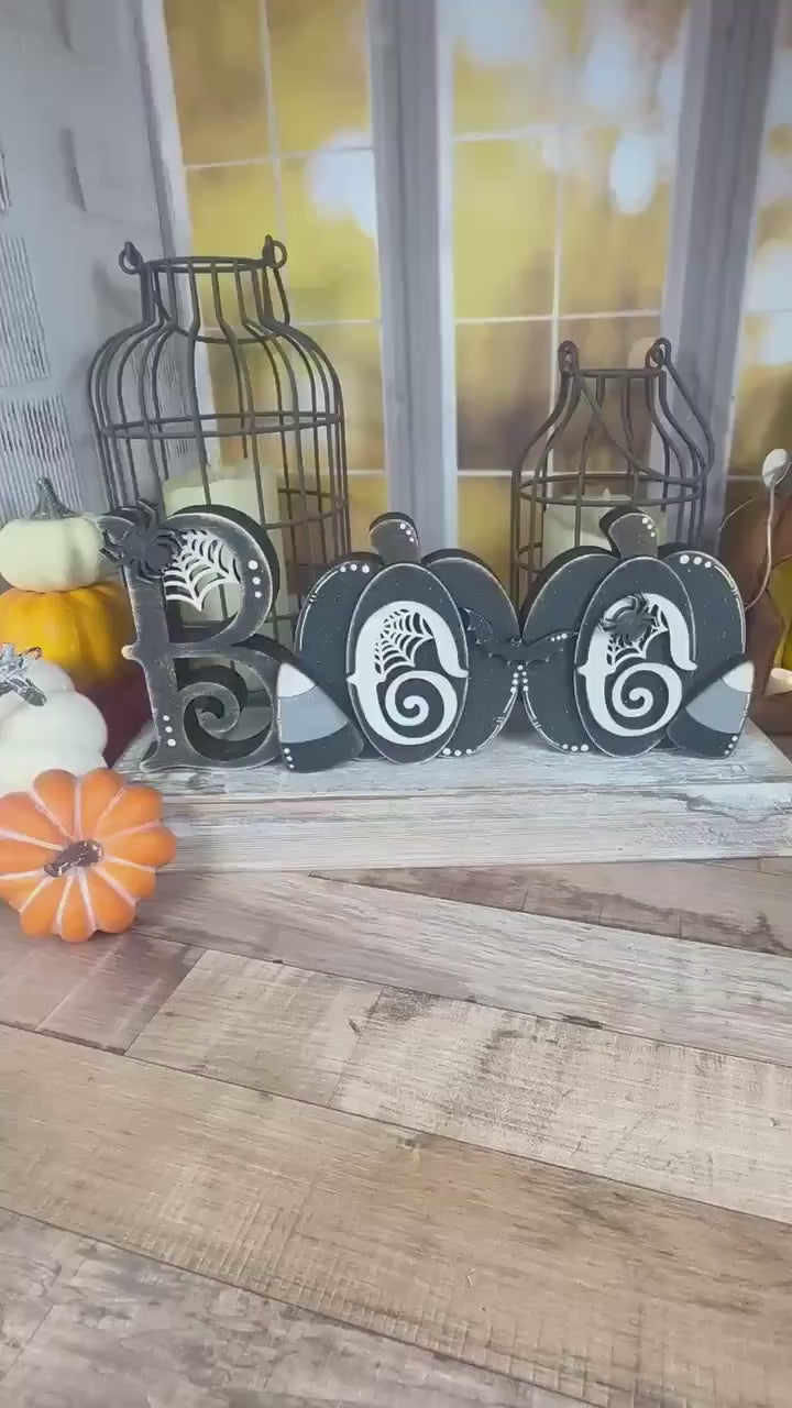 Halloween BOO Wooden Sign – Chunky Farmhouse Decor with Pumpkins and Gothic Candy Corn