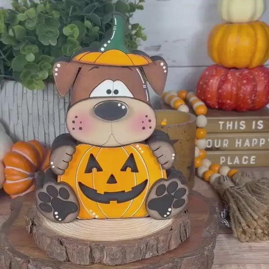 Halloween Dog Shelf Sitter in Pumpkin Costume, Dog Lover Gift