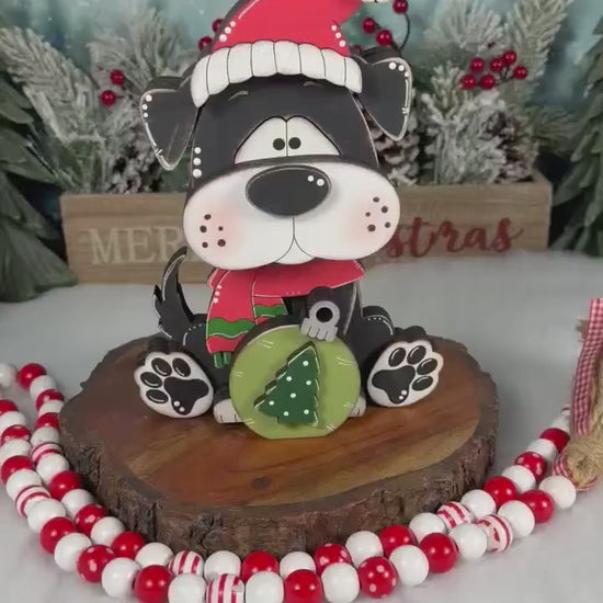 Christmas Dog Shelf Sitter | Hand-Painted Chunky Wooden Holiday Decor