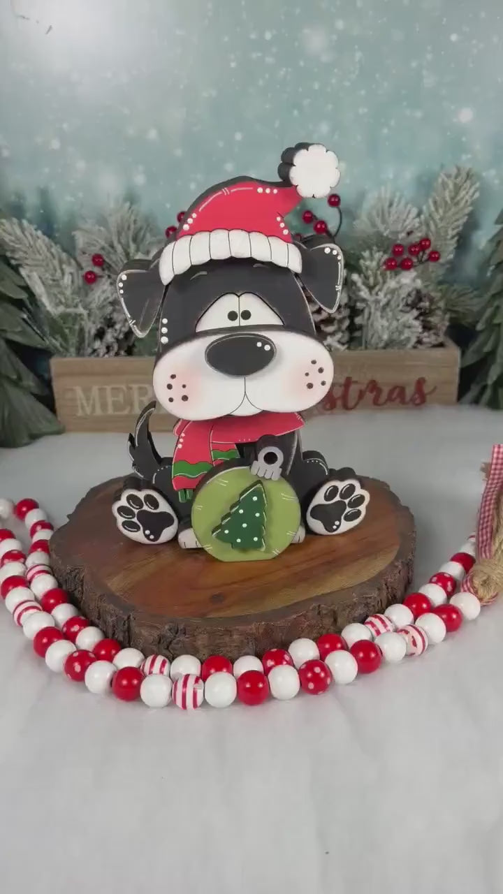 Christmas Dog Shelf Sitter | Hand-Painted Chunky Wooden Holiday Decor