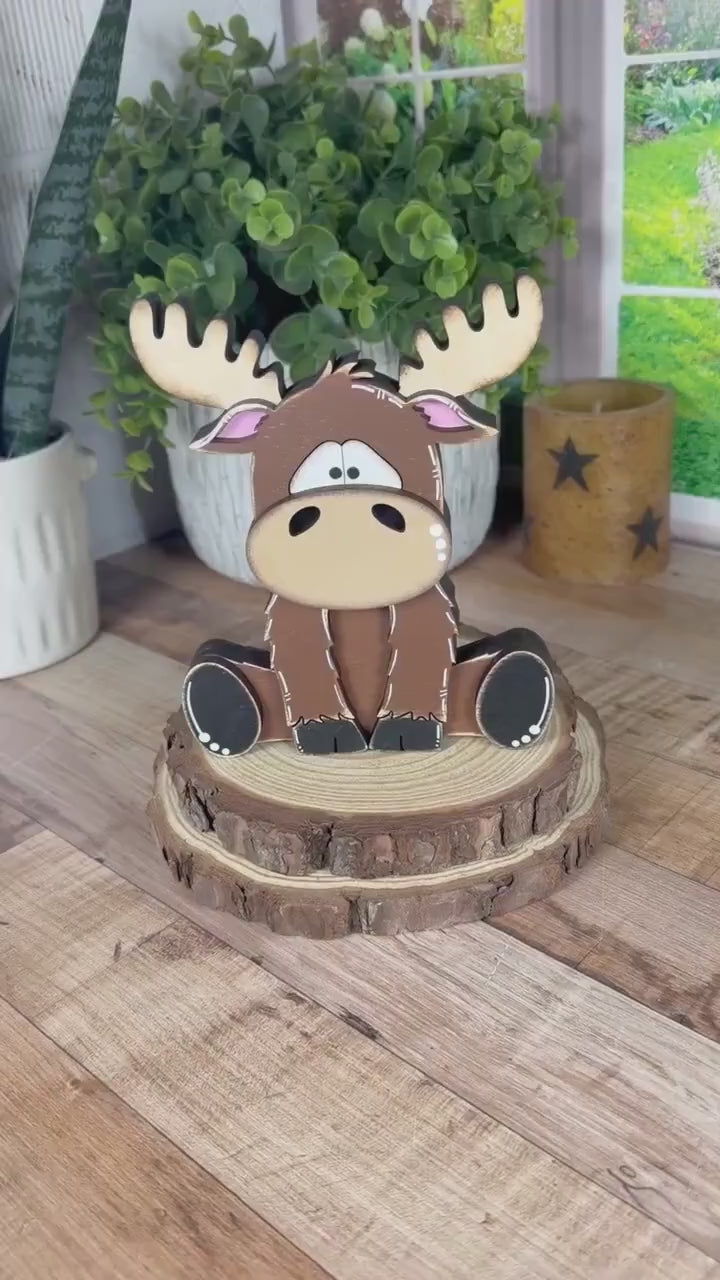 Chunky Wooden Moose Shelf Sitter | Hand Painted Rustic Farmhouse Woodland Decor